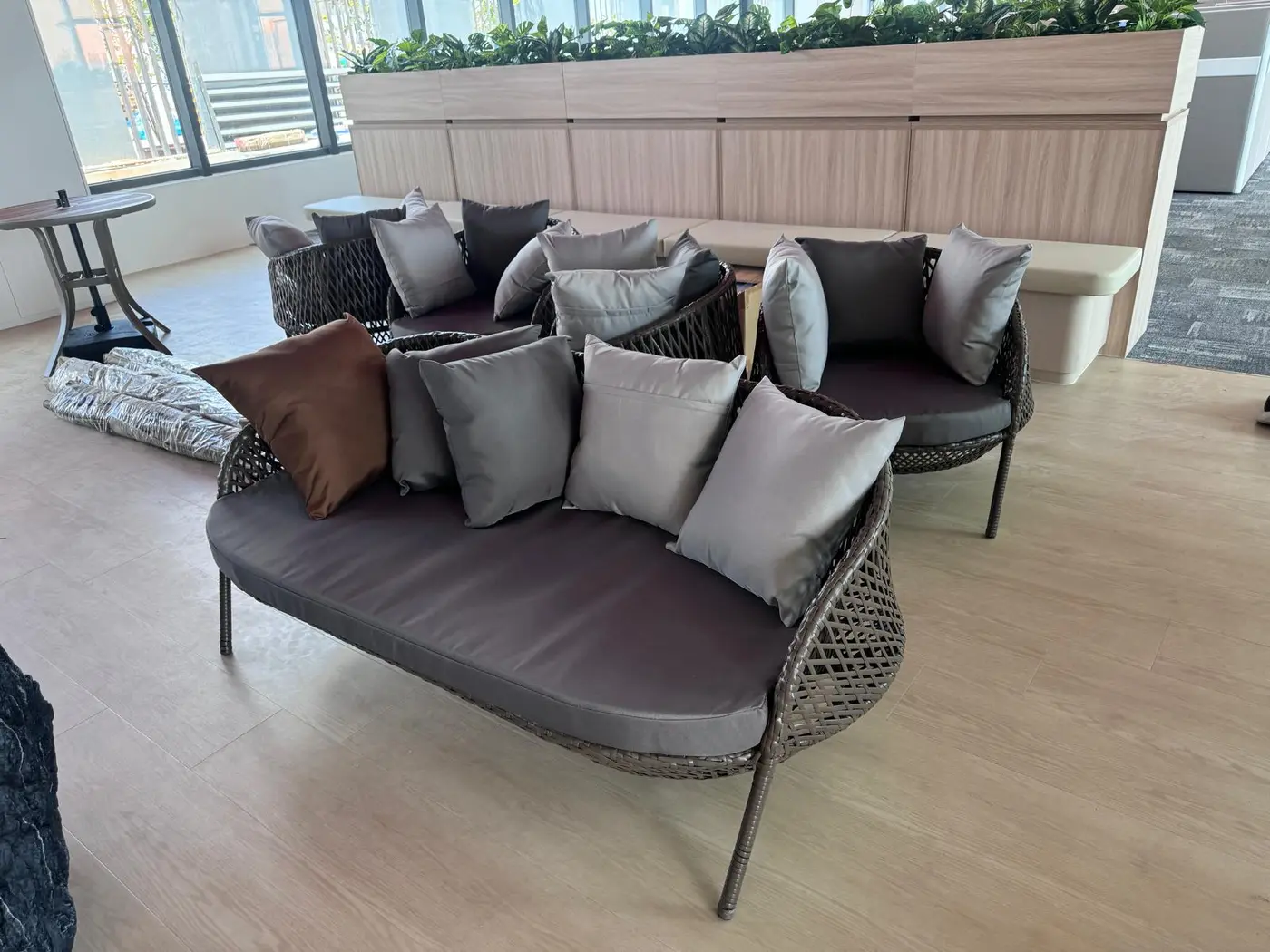 Woven lounge seating installed in a shared commercial area