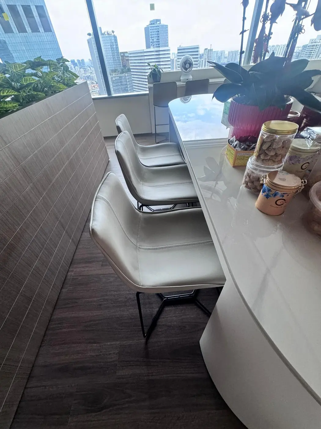 Office pantry counter with upholstered seating