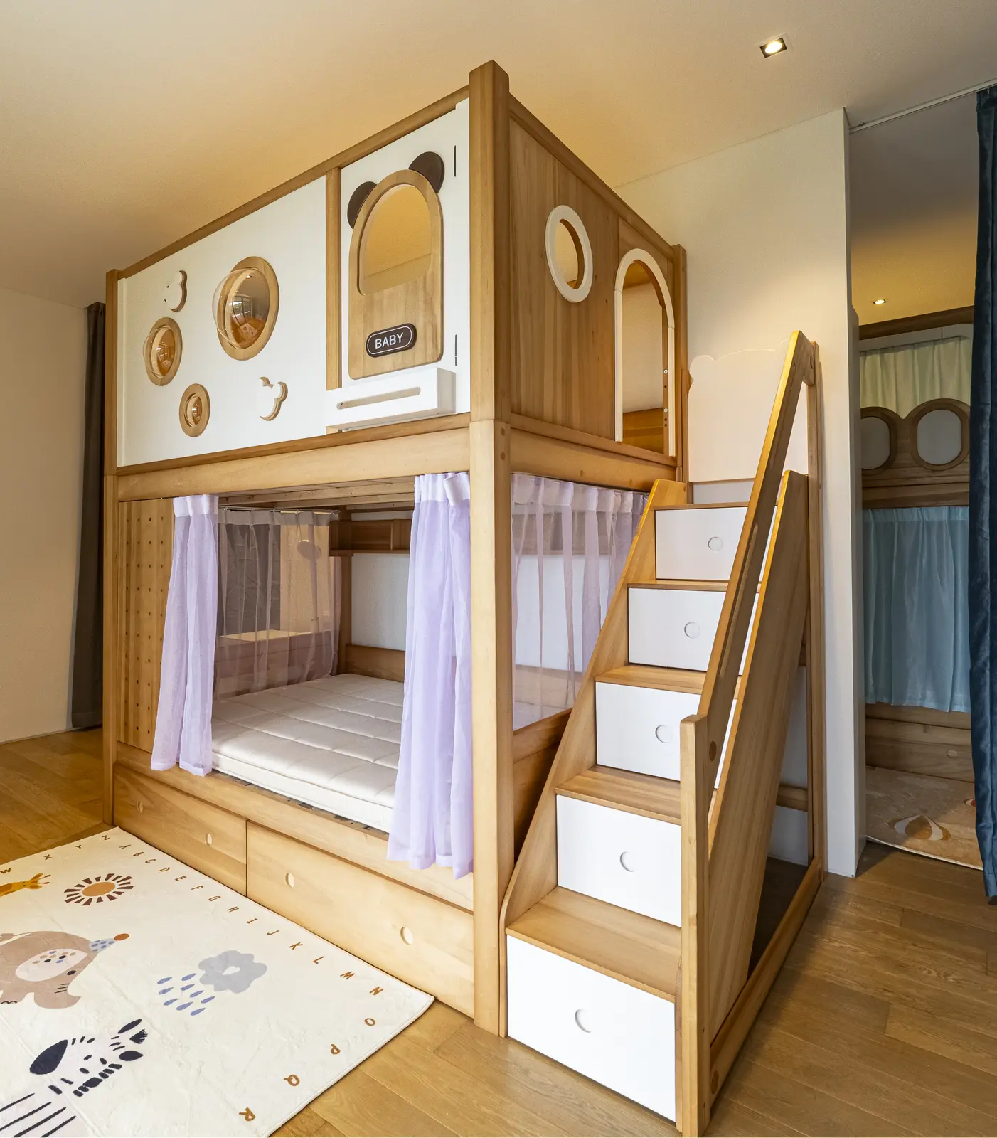 Custom timber bunk bed with integrated steps and storage